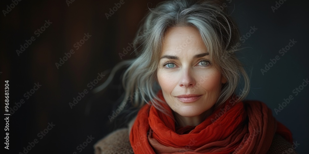 A serene portrait of a woman with long gray hair and captivating blue eyes. She wears a warm orange scarf that contrasts beautifully with her neutral attire. A serene portrait of a woman with long gray hair and captivating blue eyes. She wears a warm orange scarf that contrasts beautifully with her neutral attire.