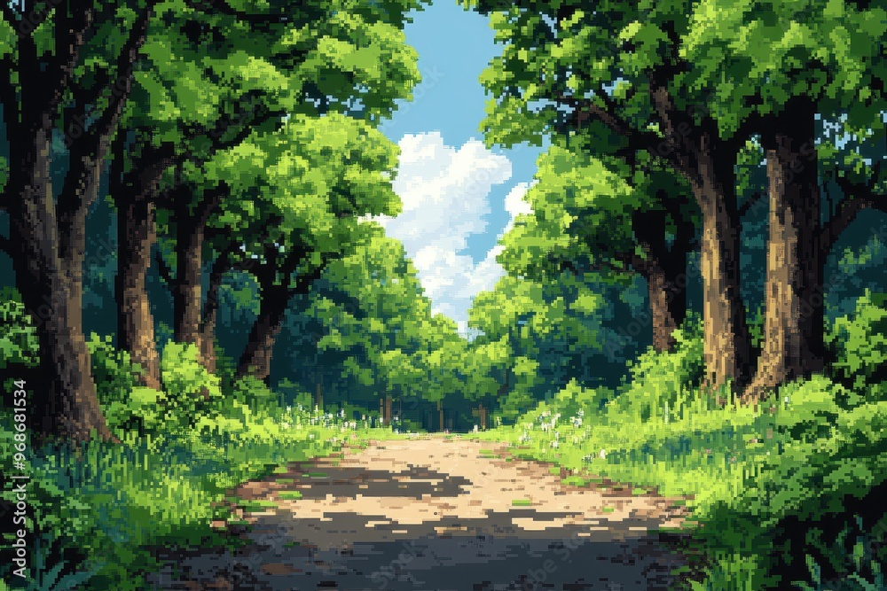 Retro RPG Pixel Jungle Path with Simple Trees and Vines in 8-Bit Style Retro RPG Pixel Jungle Path with Simple Trees and Vines in 8-Bit Style