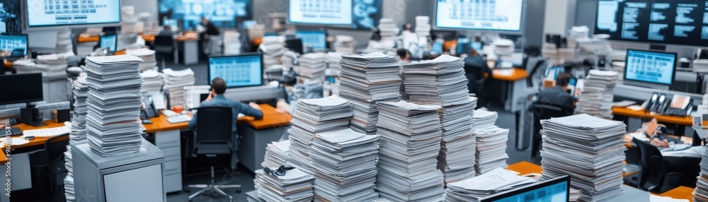 A busy office environment filled with stacks of papers and multiple screens displaying data and analytics. A busy office environment filled with stacks of papers and multiple screens displaying data and analytics.