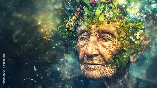 A mystical elderly figure with plants and flowers growing in abstract shapes from their head, symbolizing renewal and wisdom photo