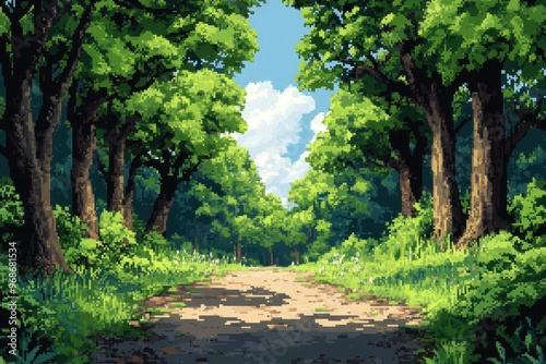 Retro RPG Pixel Jungle Path with Simple Trees and Vines in 8-Bit Style
