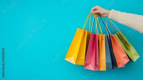 Women holding shopping bags, on blue background