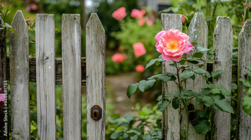 Fototapeta premium Beautiful pink roses adorn a picket fence, creating a romantic floral arrangement for a summer wedding