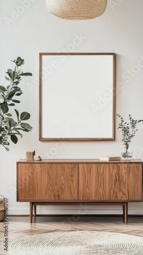 Minimalist living room with wooden sideboard and blank frame. Wall art mockup