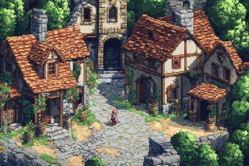 Digital Pixel Village with NPCs and Houses in 16-Bit RPG Style, Retro Video Game Town Life Background