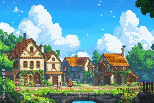 Retro Pixel Village with Colorful NPCs and Pixelated Houses, 16-Bit RPG Town Life Background photo