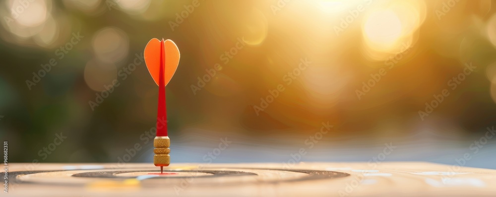 A dart with a red tip hits the bullseye, symbolizing success and goal achievement in a soft-lit outdoor setting. A dart with a red tip hits the bullseye, symbolizing success and goal achievement in a soft-lit outdoor setting.