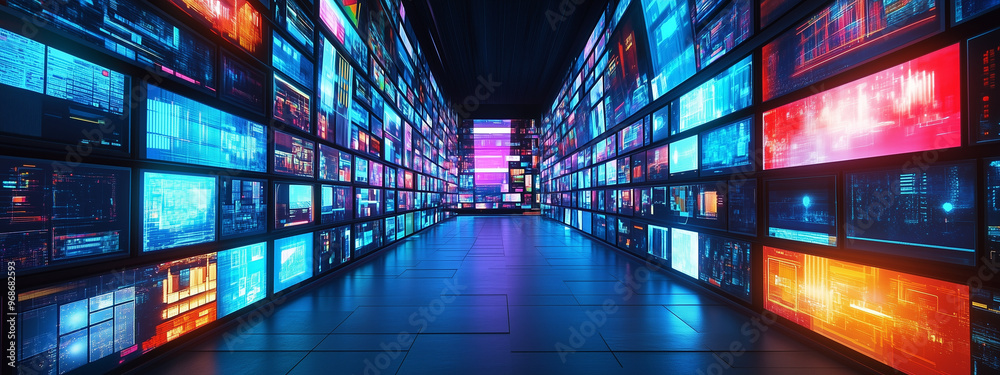 A futuristic hallway lined with vibrant, colorful digital screens and glowing lights, creating a high-tech and immersive atmosphere. A futuristic hallway lined with vibrant, colorful digital screens and glowing lights, creating a high-tech and immersive atmosphere.
