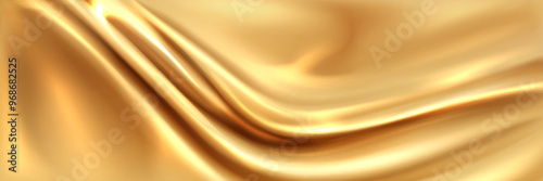 Gold silk cloth texture with folds and wrinkles. Realistic 3d vector illustration bg of golden satin fabric. luxury background with abstract yellow soft smooth drapery pattern with wave creases.