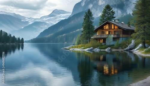 Serene mountain lake with a charming house nestled among trees, reflecting tranquility on a calm surface.