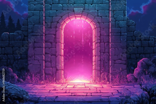 Pixelated Dungeon Entrance with Glowing Portal - Retro RPG Quest Beginning Background