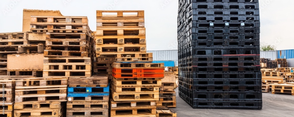 A collection of wooden and plastic pallets stacked together, showcasing different colors and sizes in a commercial storage area. A collection of wooden and plastic pallets stacked together, showcasing different colors and sizes in a commercial storage area.