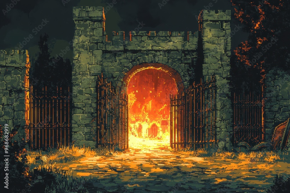 Pixelated Dungeon Delve: Retro RPG Danger Zone with Iron Gates and Flickering Flames Pixelated Dungeon Delve: Retro RPG Danger Zone with Iron Gates and Flickering Flames