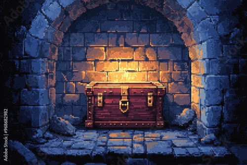 Retro Pixelated Dungeon Exploration with Treasure Chests and Crumbling Walls, RPG Loot Discovery Backdrop