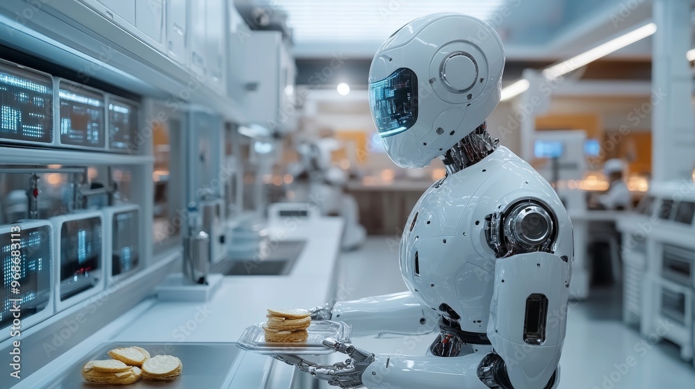 AI-controlled robotic chefs in futuristic fast food kitchens preparing meals instantly: A fully automated kitchen serving food without human workers. AI-controlled robotic chefs in futuristic fast food kitchens preparing meals instantly: A fully automated kitchen serving food without human workers.