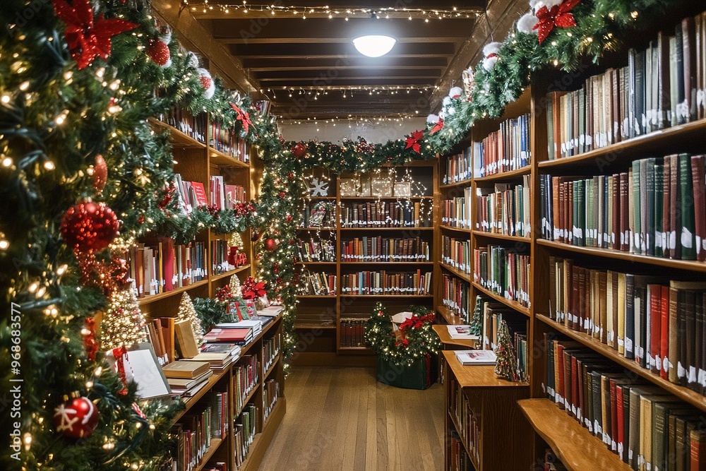 Christmas decorations in cozy library with red ornaments Christmas decorations in cozy library with red ornaments