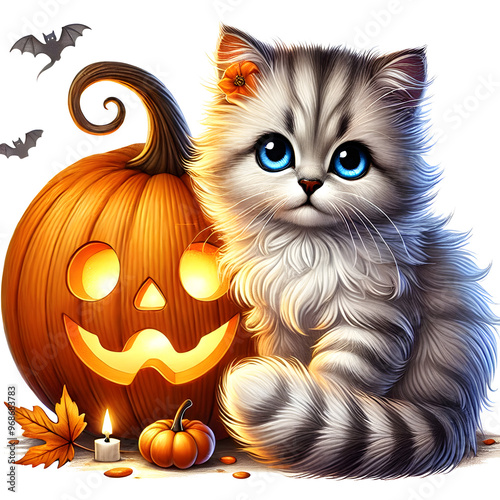 Cute Halloween Cat & Pumpkin Clipart in Png, Unique Halloween 2024 New Design