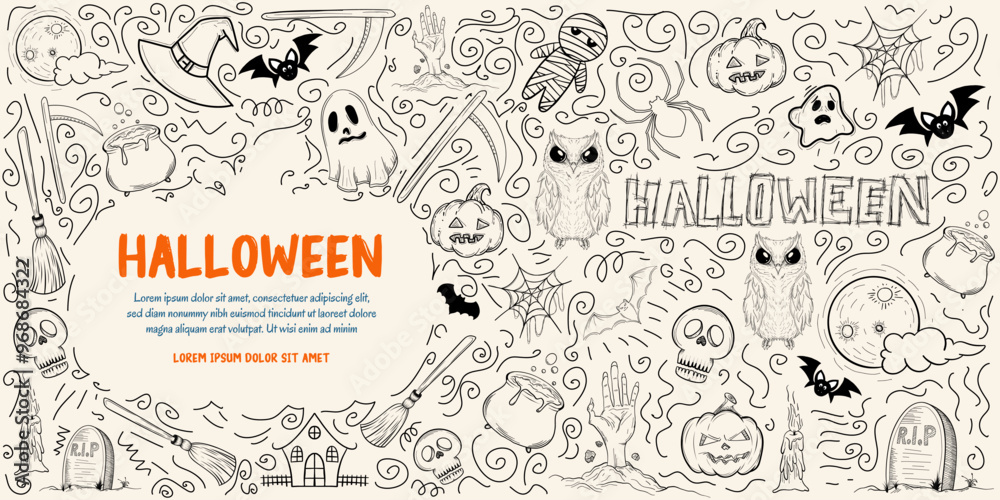 Halloween pattern doodle graphic featuring a collection of spooky elements. Halloween pattern doodle graphic featuring a collection of spooky elements.