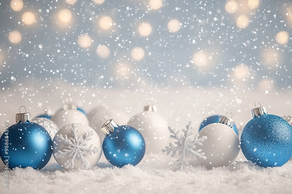 Blue and white Christmas balls on snow with bokeh lights Blue and white Christmas balls on snow with bokeh lights