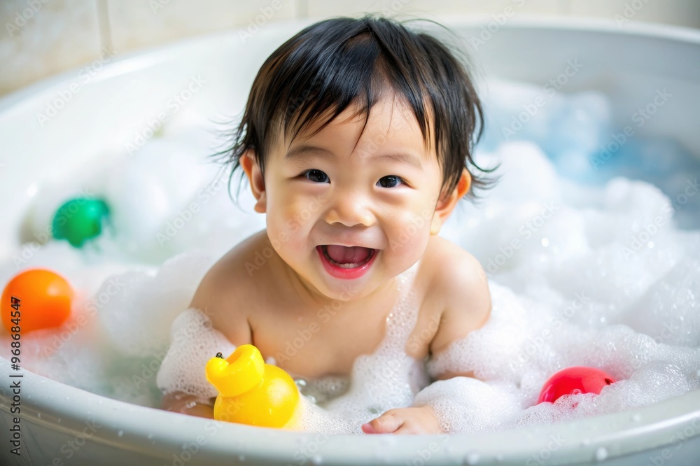 A baby Asian boy playing in a bathtub with her rubber duck and a sponge A baby Asian boy playing in a bathtub with her rubber duck and a sponge
