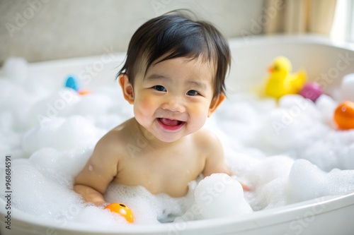 A baby Asian boy playing in a bathtub with her rubber duck and a sponge