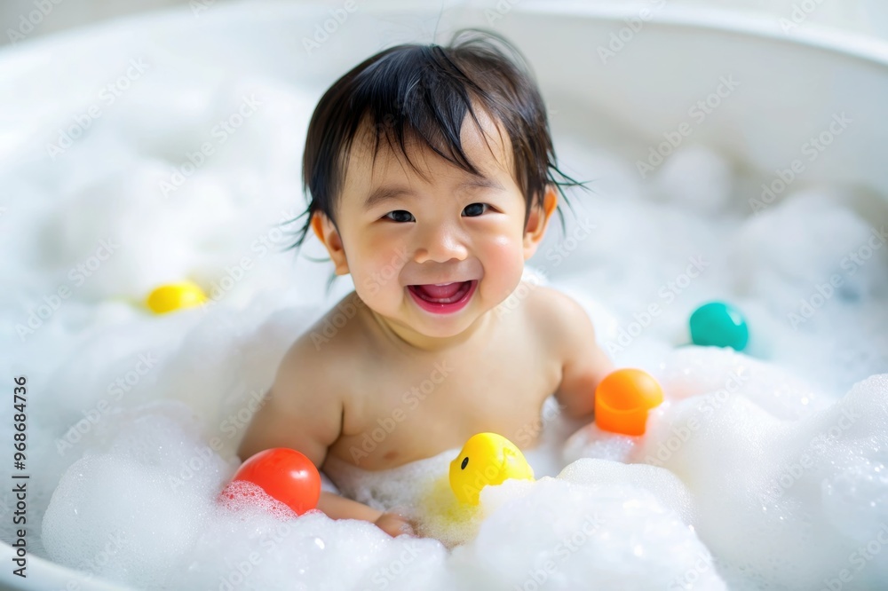A baby Asian boy playing in a bathtub with her rubber duck and a sponge A baby Asian boy playing in a bathtub with her rubber duck and a sponge