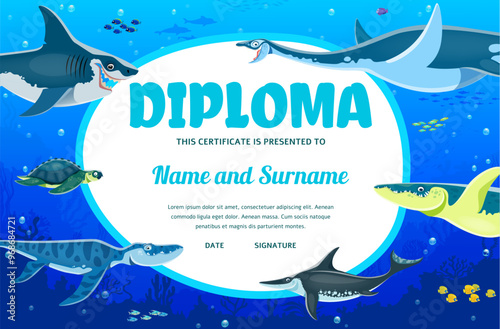 Underwater sea dinosaurs, kids education diploma. Vector school or kindergarten paleontology courses certificate with cartoon megalodon, elasmosaurus, archelon, liopleurodon, ichtiosaurus, kronosaurus photo