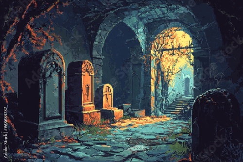 Mystical 16-Bit Pixel Crypt Dungeon Atmosphere with Stone Sarcophagi and Cobweb-Covered Walls for RPG Eerie Background