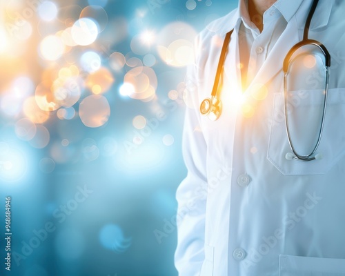 A healthcare professional wearing a white coat and stethoscope, embodying trust and expertise in the medical field.