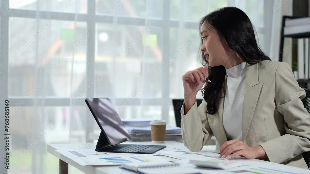 Asian female entrepreneur uses a calculator to calculate, document, and company performance. Finance and investment, tax calculations, budgets, document checking, graphs, charts, company management. Asian female entrepreneur uses a calculator to calculate, document, and company performance. Finance and investment, tax calculations, budgets, document checking, graphs, charts, company management.