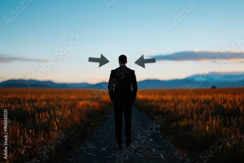Wallpaper Mural A lone man in a suit stands on a path, surrounded by a serene landscape at sunset, symbolizing contemplation and solitude. Torontodigital.ca