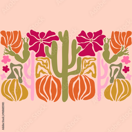 Desert Matisse border. Art nouveau landscape panorama with cactus and pumkins. Tile seamless pattern in groovy 60s 70s vibes.