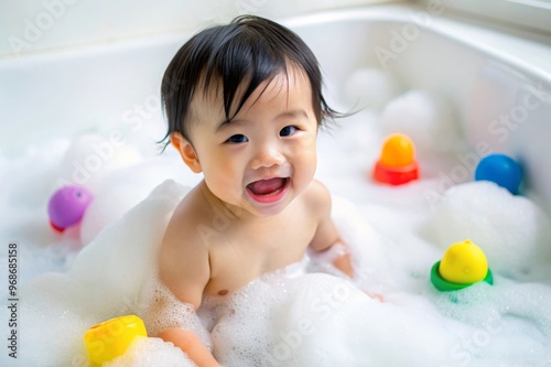 A baby Asian boy playing in a bathtub with her rubber duck and a sponge