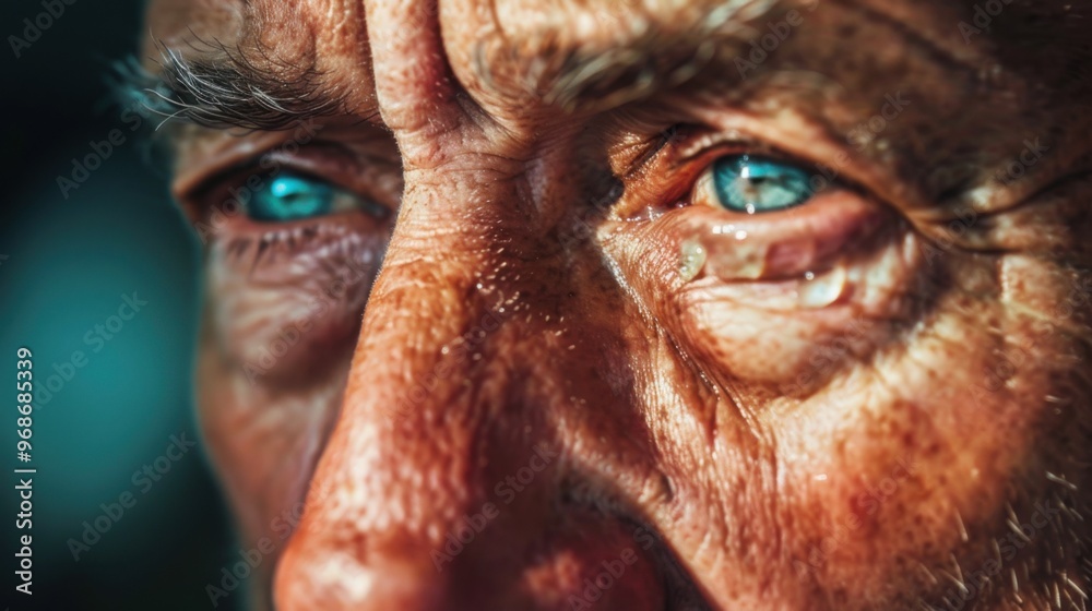 close up of a mid aged man's face, tear out of his eye flow to the face, looking at the camera close up of a mid aged man's face, tear out of his eye flow to the face, looking at the camera