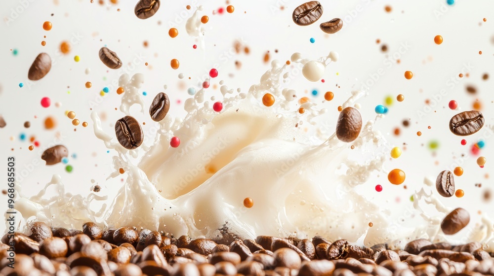 Fototapeta premium Splashing Gourmet Coffee Drink with Creamy Milk Foam and Chocolate Syrup Topping