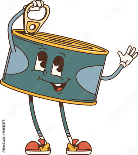 Cartoon sardine can, retro groovy travel camp and tourism character. Isolated vector whimsical tin can personage with joyful face and sneakers pulling opening ring on its lid with playful expression