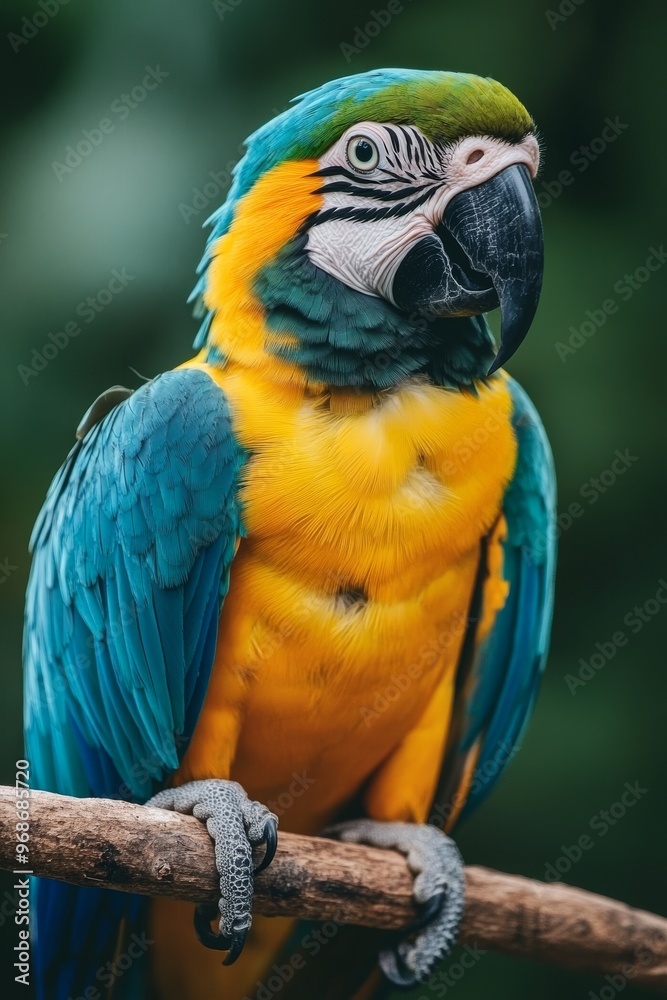This colorful parrot displays brilliant shades of green and blue while resting on a branch in the lush jungle, illuminated by soft natural light This colorful parrot displays brilliant shades of green and blue while resting on a branch in the lush jungle, illuminated by soft natural light