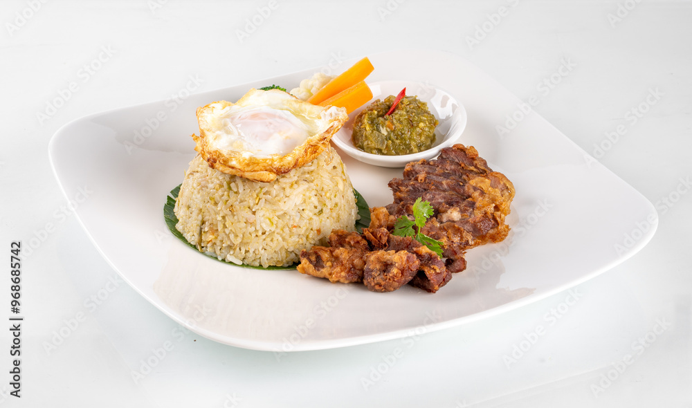 Delicious Asian cuisine featuring fried rice with a fried egg, grilled chicken, chili sauce, and vegetables on a white plate. Delicious Asian cuisine featuring fried rice with a fried egg, grilled chicken, chili sauce, and vegetables on a white plate.