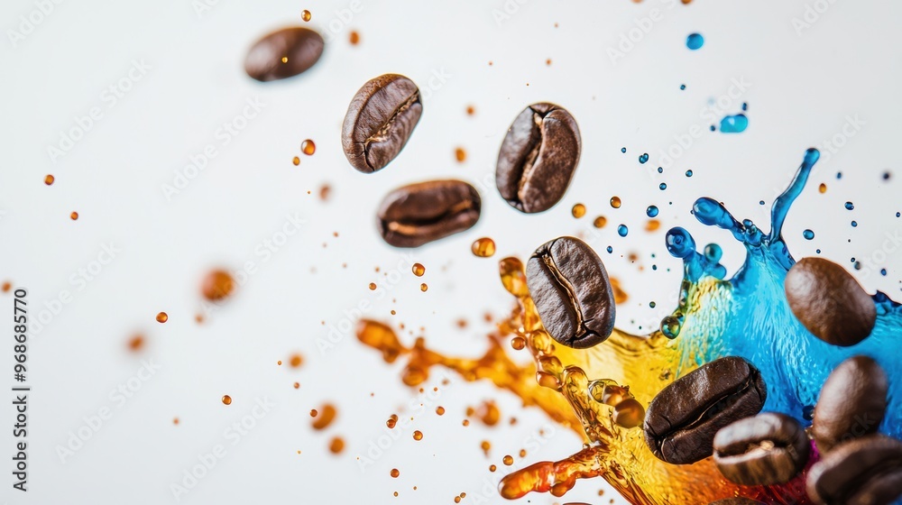 Spilled Coffee Beans Splashing in Vibrant Swirling Liquid Spilled Coffee Beans Splashing in Vibrant Swirling Liquid