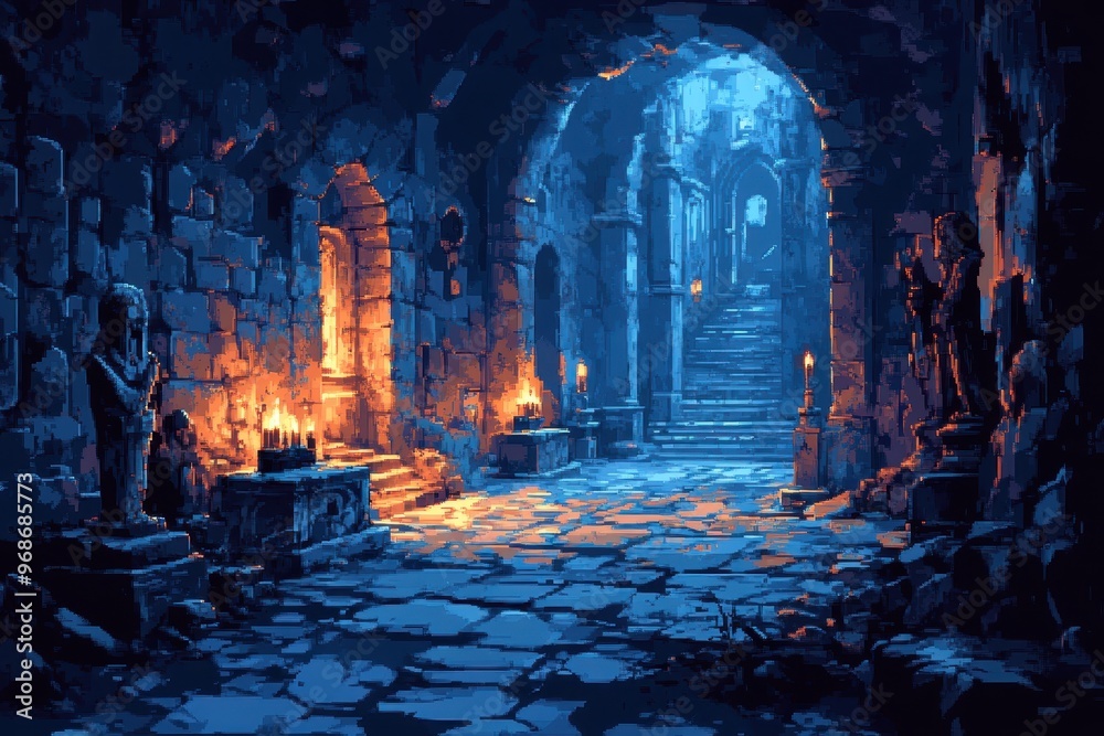 Retro RPG Dungeon Adventure with Ancient Statues and Flickering Flames Retro RPG Dungeon Adventure with Ancient Statues and Flickering Flames