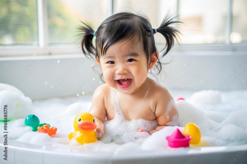 A baby Asian girl playing in a bathtub with her rubber duck and a sponge A baby Asian girl playing in a bathtub with her rubber duck and a sponge