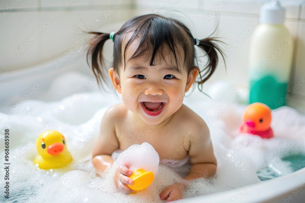 A baby Asian girl playing in a bathtub with her rubber duck and a sponge A baby Asian girl playing in a bathtub with her rubber duck and a sponge