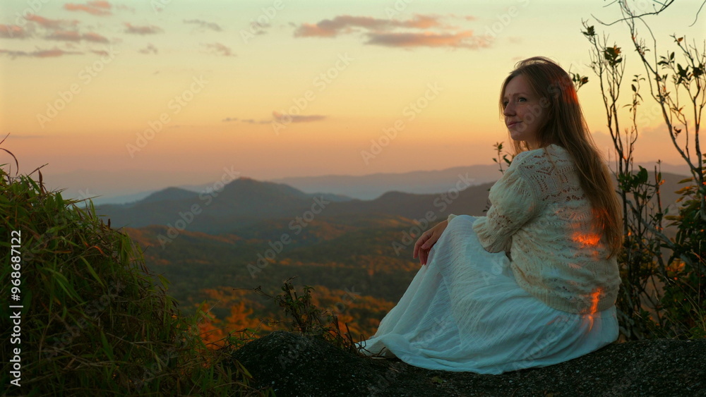 custom made wallpaper toronto digitalWoman Sitting on Rock Overlooking Scenic Mountain Landscape at Sunset, Tranquility and Nature Appreciation.