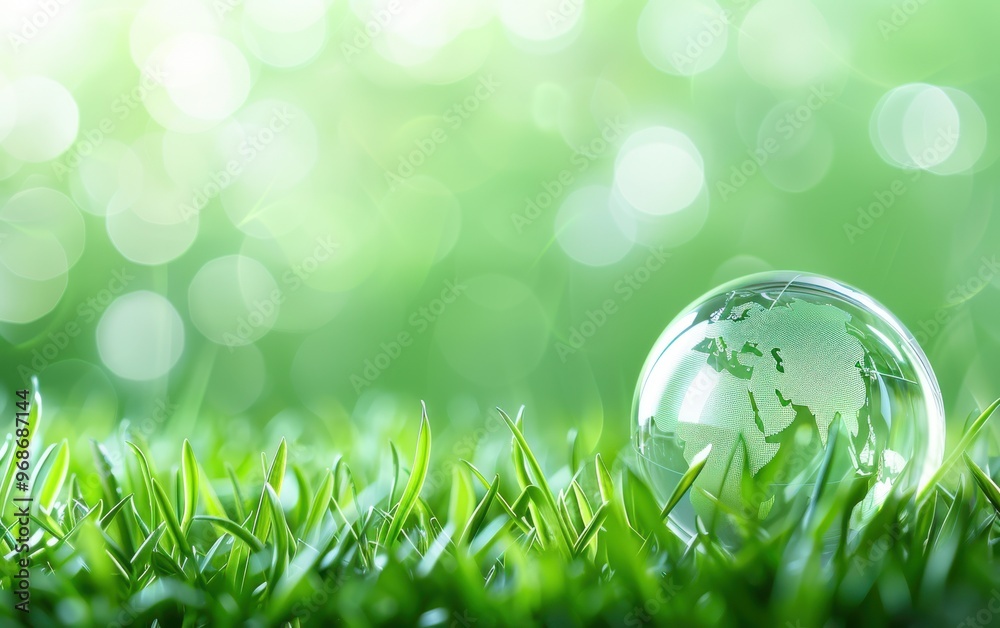A serene scene featuring a glass globe on lush green grass, symbolizing environmental harmony and sustainability. A serene scene featuring a glass globe on lush green grass, symbolizing environmental harmony and sustainability.