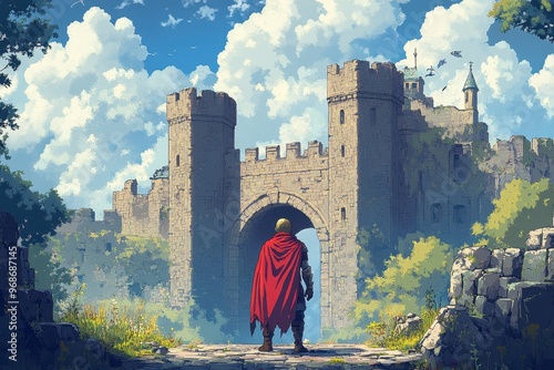 Brave 8-Bit Hero Embarking on Retro RPG Quest at Castle Entrance