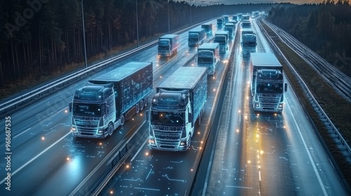 AI-controlled shipping and logistics network using self-driving cargo trucks: A fleet of autonomous cargo trucks traveling across highways, directed by AI.