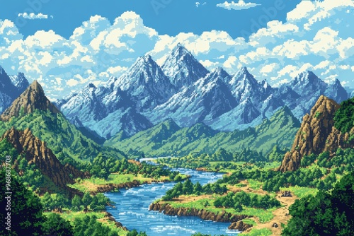 Nostalgic 8-Bit Adventure: Diverse Retro Pixel Map with Mountains, Forests, and Rivers for RPG Overworld Exploration