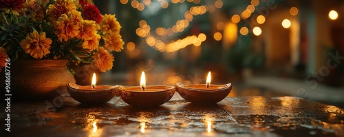 Diwali celebration with candles lighting up homes, evergreen Hindu Festival of Lights stock photo, traditional festive decor, warm and inviting scene photo