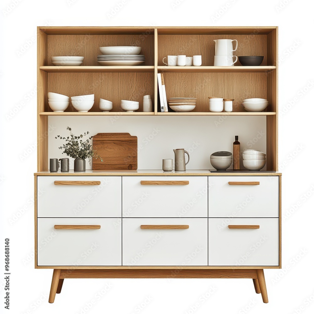 A modern wooden cabinet displaying tableware and decorative items for organization and aesthetics. A modern wooden cabinet displaying tableware and decorative items for organization and aesthetics.