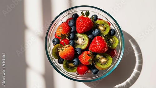 Fresh Fruit Sala in Glass Bowl with Sunlight Shaow photo